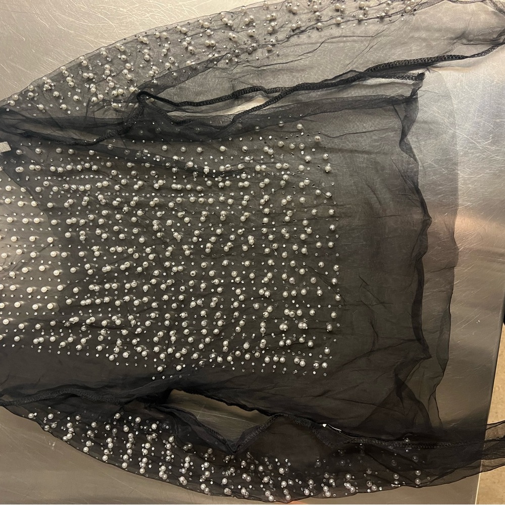 Black Sheer Top with White Pearls and beads
